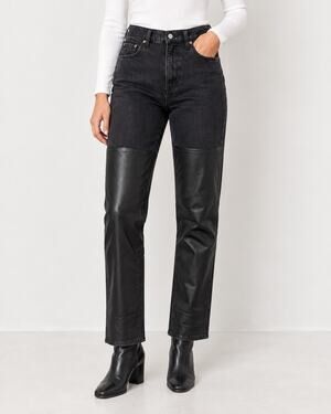 Abercrombie 90s Straight Faux Leather Panel Jeans 32 Short Black Rock Chick Y2K